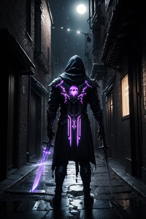 (masterpiece:1.4), full body,neon purple sword on his back, Assassin man draped in a hooded cloak, wearing sleek and dark armor, a full-face iron mask concealing his features, (mysterious atmosphere:1.3), standing in a moonlit alleyway, a purple neon blade emitting an eerie glow strapped to his back, (dynamic lighting:1.2), raindrops adding an element of drama, inspired by cinematic styles of Ridley Scott and H.R. Giger, (high detail:1.1), (HDR lighting:1.1), 8K resolution.