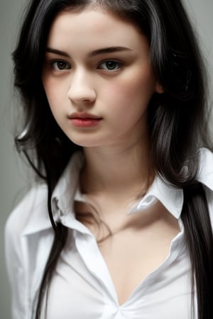 Photo, a beautiful girl, (18-year old European girl), (pale white skin:1.2), long wavy black hair, serious, detailed skin texture, perfect body, wearing white shirt, cleavage, facing viewer, (photorealistic:1.3), studio lighting, hip to head shot, Fuji film, remarkable color, high_res, best quality, highly detailed
