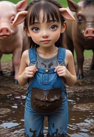 a farmer girl with grey tanktop and blue jeans, boot, sweaty, with 10 pig around her...mud