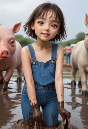 a farmer girl with grey tanktop and blue jeans, boot, sweaty, with 10 pig around her...mud