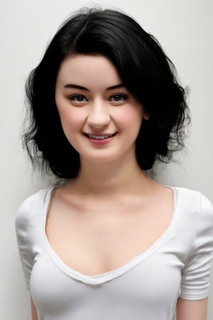 Photo, a beautiful girl, (18-year old European girl), (pale white skin:1.2), ( wavy black hair), smilling, detailed skin texture, perfect body, wearing white shirt, cleavage, facing viewer, (photorealistic:1.3), studio lighting, hip to head shot, Fuji film, remarkable color, high_res, best quality, highly detailed