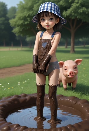 a farmer girl 15 years old, with grey underwear, sweaty, with 10 pig around her...mud