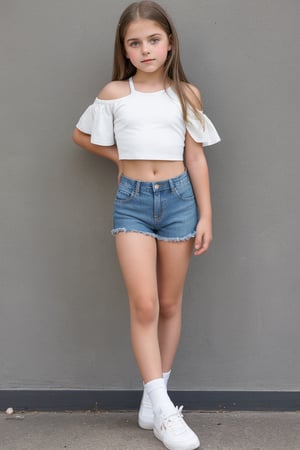 Maria, 11-year-old girl, gorgeous, young girl with very light brown straight hair and green eyes. Crop top, denim shorts.bare legs,shoulder,arms,midriff, full body shot,head to toe,white ankle socks,looking a little nervous as she poses for a photo shoot