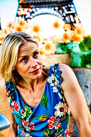 (Cinematic Photo:1.3) of (Ultra detailed:1.3) 35 year old blonde European woman with blue eyes, wearing floral dress