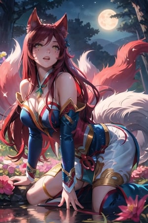 Ahri, the enchanting Nine-Tailed Fox, embraced by the mystical allure of a moonlit forest, Picture Ahri's captivating eyes, a reflection of both intelligence and enchantment,Her nine tails dance gracefully in the ethereal breeze, surrounded by ancient trees adorned with luminescent flowers,Ahri's presence exudes a timeless charm, filling the air with a magical aura,The scene is bathed in a gentle radiance, creating an atmosphere of enchantment and mystery around the captivating Ahri,ah1, facial mark,red hair, multiple tails, fox tails, korean clothes, cleavage, bare shoulders