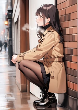 1girl, solo, blush, side profile, smile, closed mouth, bangs, skirt, (trench coat), long sleeves, full body, pantyhose, brown trench coat, black skirt, black footwear, boots, from side, sweater, looking to the side, black pantyhose, turtleneck, black turtle neck, squatting, breath, pencil skirt, outdoors, brick wall, street, rain, photo background, extreme detailed, (masterpiece)