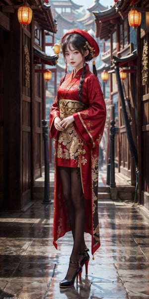 ultra detailed 8k cg, 1girl, fantasy style, hll,black pantyhose, full body shot, high heels, ornamental oriental clothing, chinese robes, outdoors in ancient china, dynamic pose, rain,perfect