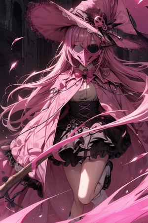 Extreme detailed, (masterful), 1girl, solo, long hair, pink hair, pink plague doctor mask, pink witch hat, lace hat covering, pink overcoat, beige undershirt, cyan bowtie, black frilled skirt, white socks, black boots, broomstick