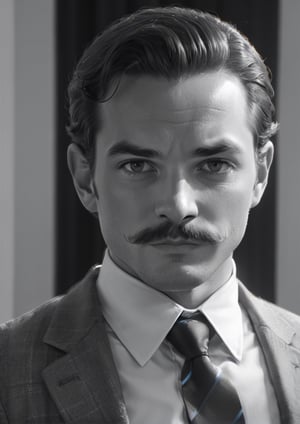 solo, looking at viewer, shirt, 1boy, jacket, monochrome, upper body, greyscale, male focus, necktie, collared shirt, facial hair, formal, suit, portrait, mustache