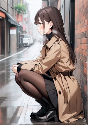 1girl, solo, blush, side profile, smile, closed mouth, bangs, skirt, (trench coat), long sleeves, full body, pantyhose, brown trench coat, black skirt, black footwear, boots, from side, sweater, looking to the side, black pantyhose, turtleneck, black turtle neck, squatting, breath, pencil skirt, outdoors, brick wall, street, rain, photo background, extreme detailed, (masterpiece)