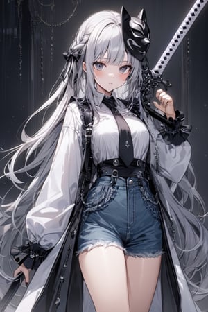 Extreme detailed, (masterful), 1girl, solo, long hair, blush, bangs, large (bow), medium breasts, very long hair, closed mouth, standing, braid, white hair, grey hair, large black bow with intricate chains, parted lips, grey eyes, black tie, grey blouse, long sleeves, mask on head, blue jean shorts, white leg warmers, white mask, huge sword, sword on back, bloody, sword, best hands, normal hands, tie, best legs, cat face mask 