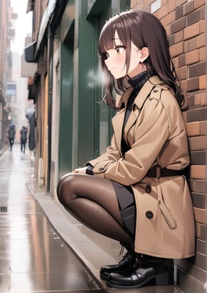 1girl, solo, blush, side profile, smile, closed mouth, bangs, skirt, (trench coat), long sleeves, full body, pantyhose, brown trench coat, black skirt, black footwear, boots, from side, sweater, looking to the side, black pantyhose, turtleneck, black turtle neck, squatting, breath, pencil skirt, outdoors, brick wall, street, rain, photo background, extreme detailed, (masterpiece)