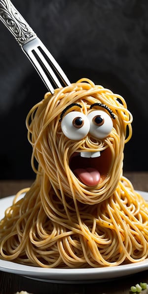 Create an ((boredom, apathy, frustrated,lack of enthusiasm.)) character tangled in a web of spaghetti, using their fork as a makeshift sword,