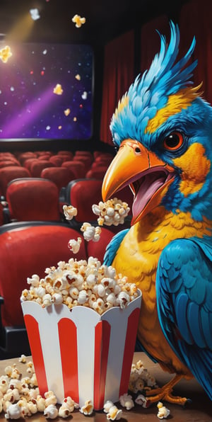 A Bird Eating Pop corn,Enjoying Movie in cinema, Curious, Perfect scene, Perfection art,Leonardo Style, vibrant colors.