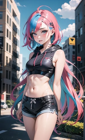 Teenage woman with red and blue pixie hair, multi color hairs,wearing cropped sleeveless hoodie and shorts, anime,High detailed,out side,Public, standing ,High detailed ,Color magic