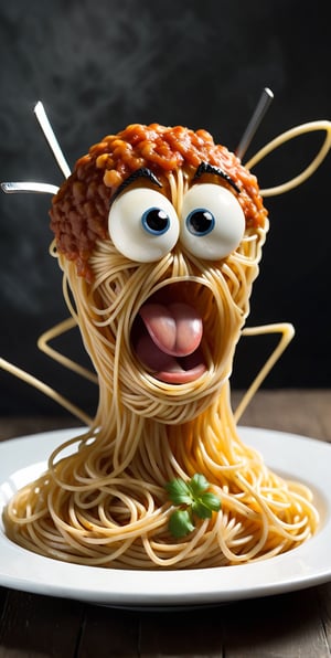 Create Angry character tangled in a web of spaghetti, using their fork as a makeshift sword.