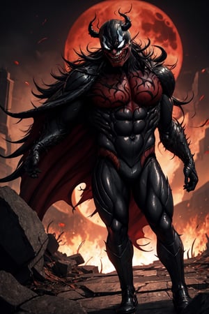 Joker, possessed by Venom, venomize, wearing a malevolent grin, standing atop a crumbling rooftop against a blood-red moonlit sky, casting eerie and elongated shadows, while adopting a chilling and maniacal posture, upper body, close up, scream hard, half body venomize, joker face, sharp teeth of venom, symbiotes, venom suit, symbiote suits, fantastic epic ambience, hyperdetailed, masterpiece1.2, ultra hd quality, cinematic, hyper realistic, mapping shadow, energetics lightings, 3d render,vibrant, hyperdetailed, microdetailed, masterpiece art, ultra hd quality, 4k, vibrant, conceptual art, illustration, Leonardo style,perfecteyes,SMMars