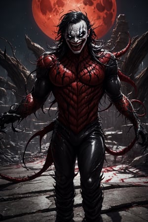 Joker, possessed by Venom, venomize, wearing a malevolent grin, standing atop a crumbling rooftop against a blood-red moonlit sky, casting eerie and elongated shadows, while adopting a chilling and maniacal posture, upper body, close up, scream hard, half body venomize, joker face, sharp teeth of venom, symbiotes, venom suit, symbiote suits, fantastic epic ambience, hyperdetailed, masterpiece1.2, ultra hd quality, cinematic, hyper realistic, mapping shadow, energetics lightings, 3d render,vibrant, hyperdetailed, microdetailed, masterpiece art, ultra hd quality, 4k, vibrant, conceptual art, illustration, Leonardo style,perfecteyes,SMMars