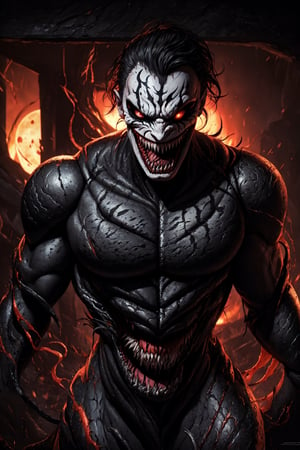 Joker, possessed by Venom, venomize, wearing a malevolent grin, standing atop a crumbling rooftop against a blood-red moonlit sky, casting eerie and elongated shadows, while adopting a chilling and maniacal posture, upper body, close up, scream hard, half body venomize, joker face, sharp teeth of venom, symbiotes, venom suit, symbiote suits, fantastic epic ambience, hyperdetailed, masterpiece1.2, ultra hd quality, cinematic, hyper realistic, mapping shadow, energetics lightings, 3d render,vibrant, hyperdetailed, microdetailed, masterpiece art, ultra hd quality, 4k, vibrant, conceptual art, illustration, Leonardo style,perfecteyes,SMMars