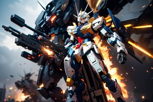 Realistic, (masterpiece1.2), (Ultra HDR quality),
Urban mayhem unfolds as Gundam Mobile Suits from opposing factions collide in a cityscape ablaze. The artwork portrays the battle with a "dynamic" style, emphasizing the kinetic energy of the gundams' movements. The mood is a mix of danger and determination, reflecting the gravity of the situation. Illuminated by the glow of explosions, the lighting style casts an intense, fiery ambiance. This illustration is drawn in the style of Yoshiyuki Tomino. T-shirt design graphic, vector, contour, white background.

high detailed white full body armor and blue parts detail, detail hitech armour, deadly look, cybernetic,perfect solid eyes, Mecha, proporsional body, (gundam color: white, blue, yellow) gundam claw color: yellow