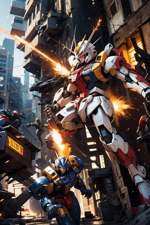 Realistic, (masterpiece1.2), (Ultra HDR quality),
Urban mayhem unfolds as Gundam Mobile Suits from opposing factions collide in a cityscape ablaze. The artwork portrays the battle with a "dynamic" style, emphasizing the kinetic energy of the gundams' movements. The mood is a mix of danger and determination, reflecting the gravity of the situation. Illuminated by the glow of explosions, the lighting style casts an intense, fiery ambiance. This illustration is drawn in the style of Yoshiyuki Tomino. T-shirt design graphic, vector, contour, white background.

high detailed white full body armor and blue parts detail, detail hitech armour, deadly look, cybernetic,perfect solid eyes, Mecha, proporsional body, (gundam color: white, blue, yellow) gundam claw color: yellow