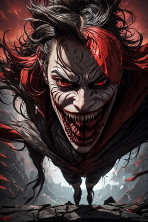 Joker, possessed by Venom, venomize, wearing a malevolent grin, standing atop a crumbling rooftop against a blood-red moonlit sky, casting eerie and elongated shadows, while adopting a chilling and maniacal posture, scream hard, half body venomize, joker face, fantastic epic ambience, hyperdetailed, masterpiece1.2, ultra hd quality, cinematic, hyper realistic, mapping shadow, energetics lightings, 3d render,vibrant, hyperdetailed, microdetailed, masterpiece art, ultra hd quality, 4k, vibrant, conceptual art, illustration, unzoomed,Leonardo style,perfecteyes