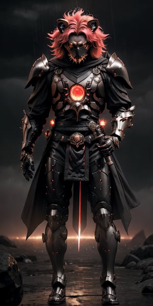 Imagine a mighty man wearing fullbody shining hitech armor. he is using a Japanese-style headgear with a metal lion's head shape, and its eyes blaze with a furious red hue. The man hold a hitech greatsword in his hand properly, poised to face any danger. The sky behind him appears epic, filled with brooding clouds that create a dramatic atmosphere, rain storm environment, high detail armored, black carbon colour, pink detail part, masterpiece, stunning and baddass, Describe a person holding a large realistic sword with proper grip and posture and ensuring that the depiction accurately portrays the way the sword is being wielded , its intricate details are visibly pronounced, ultra HD, 4k, fog effect, cyberpunk, strom, rain effect, The details of raindrops hitting the fighter's body are very clearly visible, super realistic, mech, shoot from mid range, stunning cinematic lighting