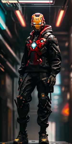 1man ((tony stark)), "Tony Stark's Cyberpunk Walk" showcases Tony Stark in cyberpunk attire, each piece resonating with advanced technology. ((As he carries the Iron Man helmet at left hand)) , the artwork creates a captivating contrast between his unassuming appearance and his extraordinary capabilities, solo, hyperdetailed, masterpiece1.2, ultra hd quality, face detailed, EpicSky, Rebecca ,EpicSky, perfecteyes, urban techwear, ((full figure showing background)), (( no masked)), helmet on hand