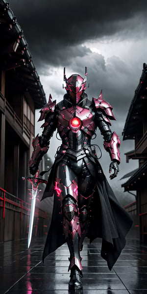 Imagine a mighty man wearing fullbody shining hitech armor. he is using a Japanese-style headgear with a metal lion's head shape, and its eyes blaze with a furious red hue. The man hold a hitech greatsword in his hand properly, poised to face any danger. The sky behind him appears epic, filled with brooding clouds that create a dramatic atmosphere, rain storm environment, high detail armored, black carbon colour, pink detail part, masterpiece, stunning and baddass, Describe a person holding a large realistic sword with proper grip and posture and ensuring that the depiction accurately portrays the way the sword is being wielded , its intricate details are visibly pronounced, ultra HD, 4k, fog effect, cyberpunk, strom, rain effect, The details of raindrops hitting the fighter's body are very clearly visible, super realistic, mech, shoot from mid range, stunning cinematic lighting