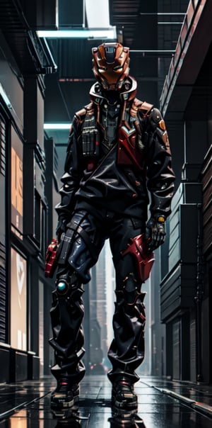 1man ((tony stark)), "Stark's Cyberpunk Walk" showcases Tony Stark in cyberpunk attire, each piece resonating with advanced technology. ((As he carries the Iron Man helmet)) , the artwork creates a captivating contrast between his unassuming appearance and his extraordinary capabilities, solo, hyperdetailed, masterpiece1.2, ultra hd quality, face detailed, EpicSky, Rebecca ,EpicSky, perfecteyes, urban techwear, ((full figure showing background)), no masked, helmet on hand