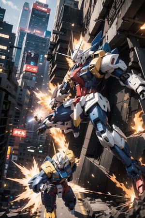 Realistic, (masterpiece1.2), (Ultra HDR quality),
Urban mayhem unfolds as Gundam Mobile Suits from opposing factions collide in a cityscape ablaze. The artwork portrays the battle with a "dynamic" style, emphasizing the kinetic energy of the gundams' movements. The mood is a mix of danger and determination, reflecting the gravity of the situation. Illuminated by the glow of explosions, the lighting style casts an intense, fiery ambiance. This illustration is drawn in the style of Yoshiyuki Tomino. T-shirt design graphic, vector, contour, white background.

high detailed white full body armor and blue parts detail, detail hitech armour, deadly look, cybernetic,perfect solid eyes, Mecha, white masked, proporsional body, (gundam color: white, blue, yellow) gundam claw color: yellow