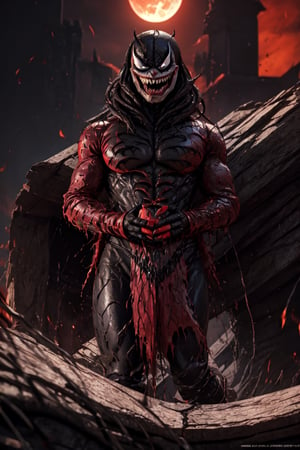 Joker, possessed by Venom, venomize, wearing a malevolent grin, standing atop a crumbling rooftop against a blood-red moonlit sky, casting eerie and elongated shadows, while adopting a chilling and maniacal posture, upper body, close up, scream hard, half body venomize, joker face, sharp teeth of venom, symbiotes, venom suit, symbiote suits, fantastic epic ambience, hyperdetailed, masterpiece1.2, ultra hd quality, cinematic, hyper realistic, mapping shadow, energetics lightings, 3d render,vibrant, hyperdetailed, microdetailed, masterpiece art, ultra hd quality, 4k, vibrant, conceptual art, illustration, Leonardo style,perfecteyes,SMMars