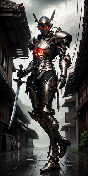 Imagine a mighty man wearing fullbody shining hitech armor. he is using a Japanese-style headgear with a metal lion's head shape, and its eyes blaze with a furious red hue. The man hold a hitech greatsword in his hand properly, poised to face any danger. The sky behind him appears epic, filled with brooding clouds that create a dramatic atmosphere, high detail armored, black carbon colour, rosegold detail part, masterpiece, stunning and baddass, Describe a person holding a large realistic sword with proper grip and posture and ensuring that the depiction accurately portrays the way the sword is being wielded , its intricate details are visibly pronounced, ultra HD, 4k, fog effect, cyberpunk, strom, at the rain, The details of raindrops hitting the fighter's body are very clearly visible, super realistic, mech, shoot from mid range, stunning cinematic lighting