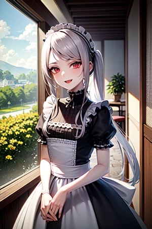traditional maid, smirk, cafe, indoors, (fantasy:1.2),solo, maid, looking at viewer, outdoors, open mouth, anime coloring, maid headdress, upper body, wallpaper, high contrast, colorful, sky, redeyes, hair silver, 