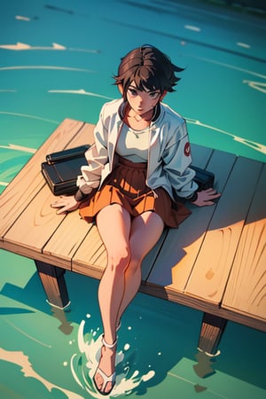 Young woman of 20 with black hair, white jacket, brown skirt, chewing with wooden toothpick, delicious-looking brownish-purple water jelly on desk, at teahouse in front of Ojima red bridge in Fukui, Japan, dinosaurs on sea surface, in the style of Makoto Shinkai. Diagonal view from above