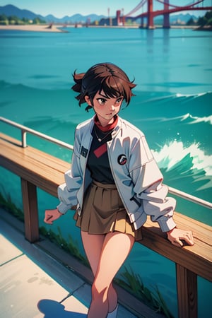 Young woman of 20 with black hair, white jacket, brown skirt, chewing with wooden toothpick, delicious-looking brownish-purple water jelly on desk, at teahouse in front of Ojima red bridge in Fukui, Japan, dinosaurs on sea surface, in the style of Makoto Shinkai. Diagonal view from above
