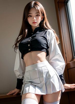 a cute Asian girl with medium sized boobs and beautiful long brown hair wearing a transparent long sleeve button up crop top, a black pleated mini skirt, white thigh high socks and fully dressed