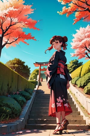 ((masterpiece,best quality)),2girls, black kimono, black legwear, black ribbon, black hair, cherry blossoms, day, flower, hair bun, hair ribbon, japanese clothes, kimono, long hair, looking at viewer, looking back, multiple girls, obi, outdoors, red eyes, red hair, ribbon, sandals, single hair bun, stairs, standing, statue, torii, tree, white kimono, yellow eyes