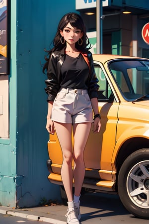 Young woman 25 years old: 1.3, Long black hair: 1.2, Casual wear: 1.2, Daytime: 1.2, On the street: 1.2, Film lighting, Surrealism, UHD, ccurate, Super detail, textured skin, High detail, Best quality, 8k,full_body