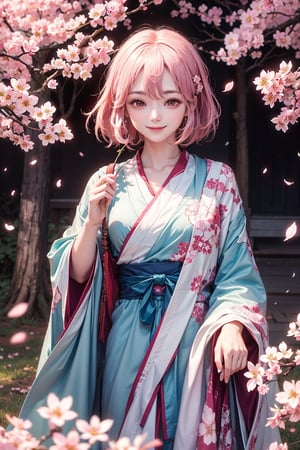 Yuyuko Saigyouji , smile, tree, cherry blossoms, morning vibe, 8K, (warm lighting), high quality