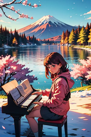 A girl sitting and  playing piano cherry blossom trees surrounding lake lifelike pink leaves snow capped My.Fuji in the background wiht sunset

