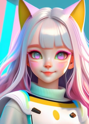 Sleeveless sweater, ,pastel color, kawaii, cute colors ,scifi, pink 1girl ,long hair, pale skin,white hair, glowing eyes, smile, almond eyes, cat ears, pastel colors, kawaii, cute colors, full body portait,  dynamic cat pose, (masterpiece, best quality:1.4), (realistic, photorealistic:1.2), 4k, (ultra realistic), high definition, high detail, ultra detailed, finely detailed texture, high quality shadow, (high resolution), detailed background, depth of field, beautiful face, a face of perfect proportion, hyper detailed painting, luminism, bar lighting, incredibly hyper-detailed and intricately realistic,