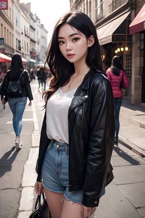 Young woman 25 years old: 1.3, Long black hair: 1.2, Casual wear: 1.2, Daytime: 1.2, On the street: 1.2, Film lighting, Surrealism, UHD, ccurate, Super detail, textured skin, High detail, Best quality, 8k,full_body