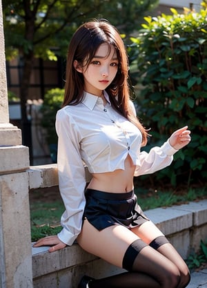 a cute Asian girl with medium sized boobs and beautiful long brown hair wearing a transparent long sleeve button up crop top, a black pleated mini skirt, white thigh high socks and fully dressed