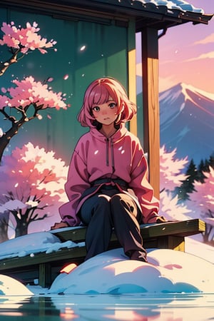 A girl sitting and  playing piano cherry blossom trees surrounding lake lifelike pink leaves snow capped My.Fuji in the background wiht sunset

