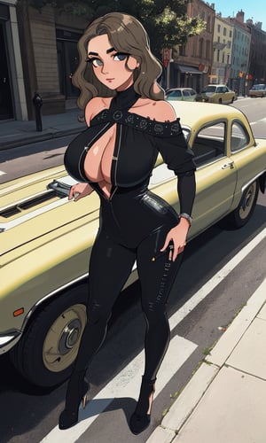 ((masterpiece)), (best quality), ((detailed face)), ((detailed eyes)), highres,((big breast)), ((sexy body)), Confident allure, smoky eyes, tousled chestnut waves, off-shoulder black bodysuit, leaning against a classic car, hourglass, olive, statuesque, sun-kissed, urban street