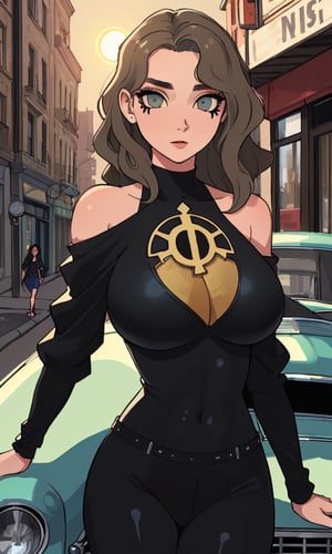 ((masterpiece)), (best quality), ((detailed face)), ((detailed eyes)), highres,((big breast)), ((sexy body)), Confident allure, smoky eyes, tousled chestnut waves, off-shoulder black bodysuit, leaning against a classic car, hourglass, olive, statuesque, sun-kissed, urban street