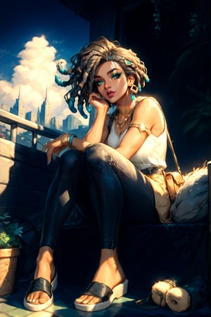  senna \(league of legends\), mature, mature face, dark-skinned female, dreadlocks, green eyes, casual clothes, city, full body, Aesthetic Art Style, iluminacion natural ,score_4_up,score_5_up,score_6_up,score_7_up,score_8_up,score_9


