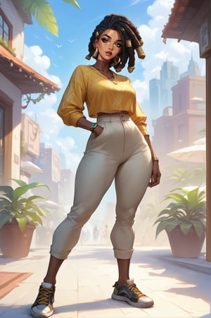  senna \(league of legends\), mature, mature face, dark-skinned female, dreadlocks, green eyes, casual clothes, city, full body, Aesthetic Art Style, iluminacion natural ,score_4_up,score_5_up,score_6_up,score_7_up,score_8_up,score_9


