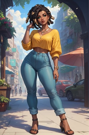  senna \(league of legends\), mature, mature face, dark-skinned female, dreadlocks, green eyes, casual clothes, city, full body, Aesthetic Art Style, iluminacion natural ,score_4_up,score_5_up,score_6_up,score_7_up,score_8_up,score_9


